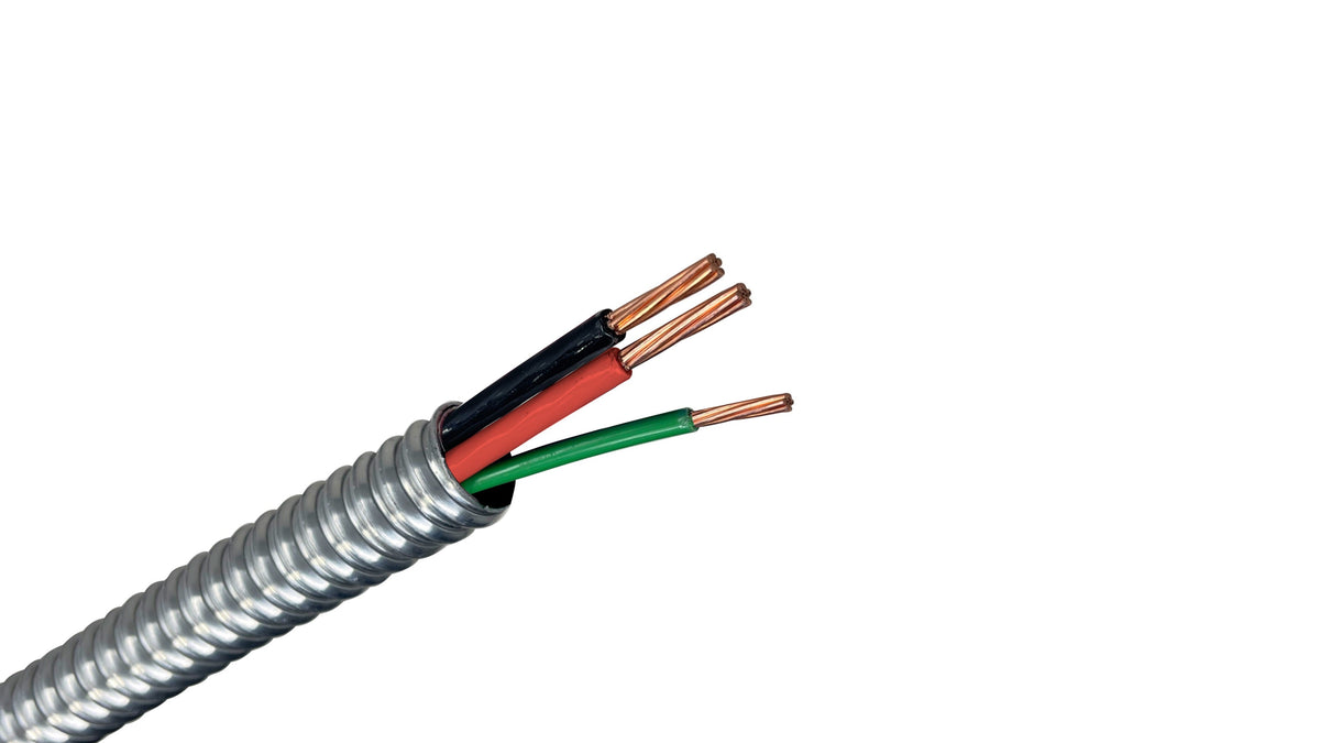 10/2 Stranded Copper MC Cable with Ground (Black, Red), 10 AWG 2 Conductor Metal Clad Cable for 240V Commercial Circuits.