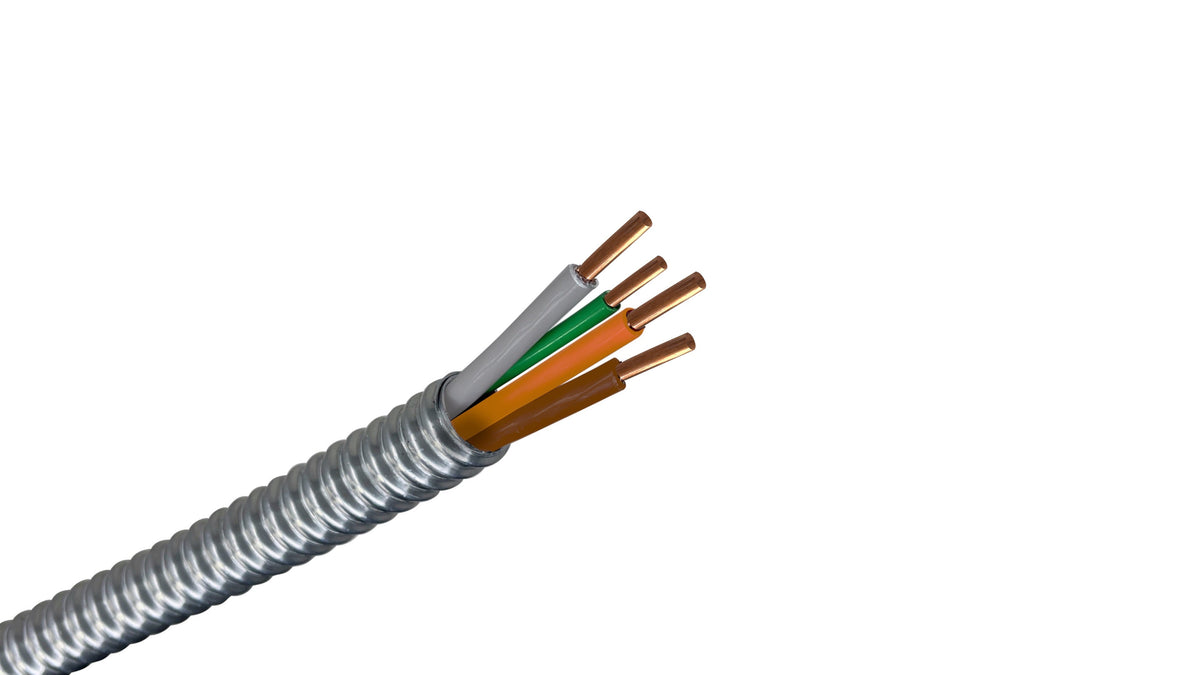 10/3 Solid Copper MC Cable with Ground (Brown, Orange, Gray), 10 AWG 3 Conductor 480V Metal Clad Power Cable.