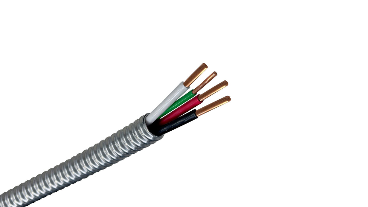 10/3 Solid Copper MC Cable with Ground, 10 AWG 3 Conductor Metal Clad Armored Cable for Commercial Power Distribution.