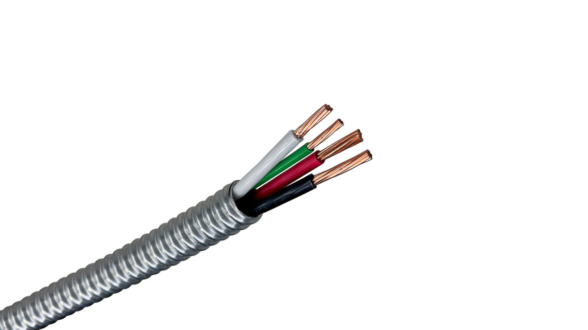 10/3 Stranded Copper MC Cable with Ground, 10 AWG 3 Conductor Metal Clad Armored Cable for Commercial Lighting and Outlets.