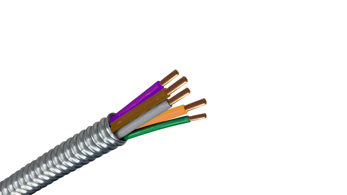 10/4 Solid Copper MC Cable with Ground (Brown, Orange, Purple, Gray), 10 AWG 4 Conductor 480V Metal Clad Power Cable.