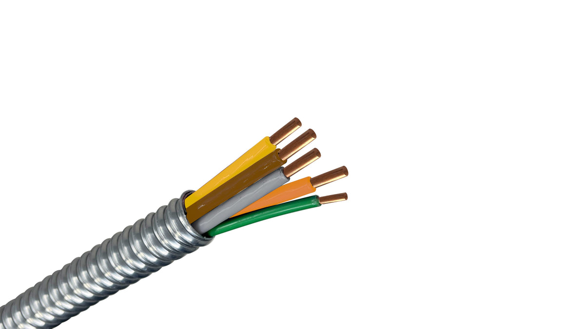 10/4 Solid Copper MC Cable with Ground (Brown, Orange, Yellow, Gray), 10 AWG 4 Conductor 480V Metal Clad Power Cable.