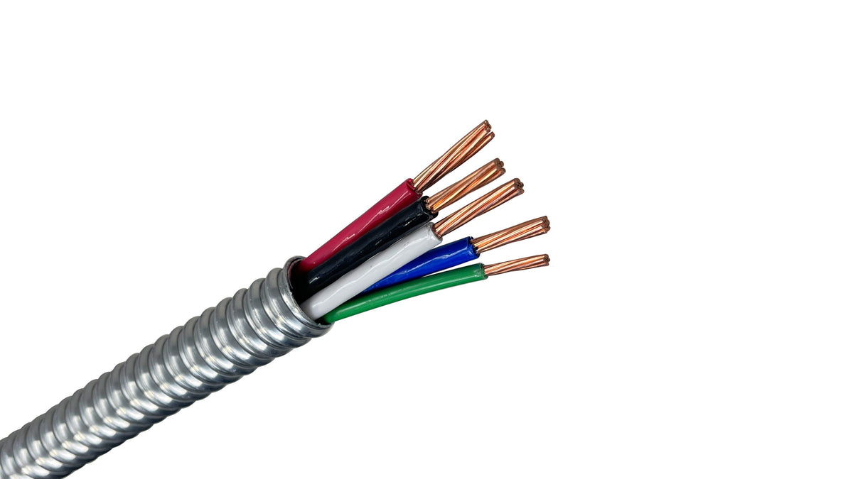 10/4 Stranded Copper MC Cable with Ground, 10 AWG 4 Conductor Metal Clad Armored Cable for Commercial Lighting and Outlets.