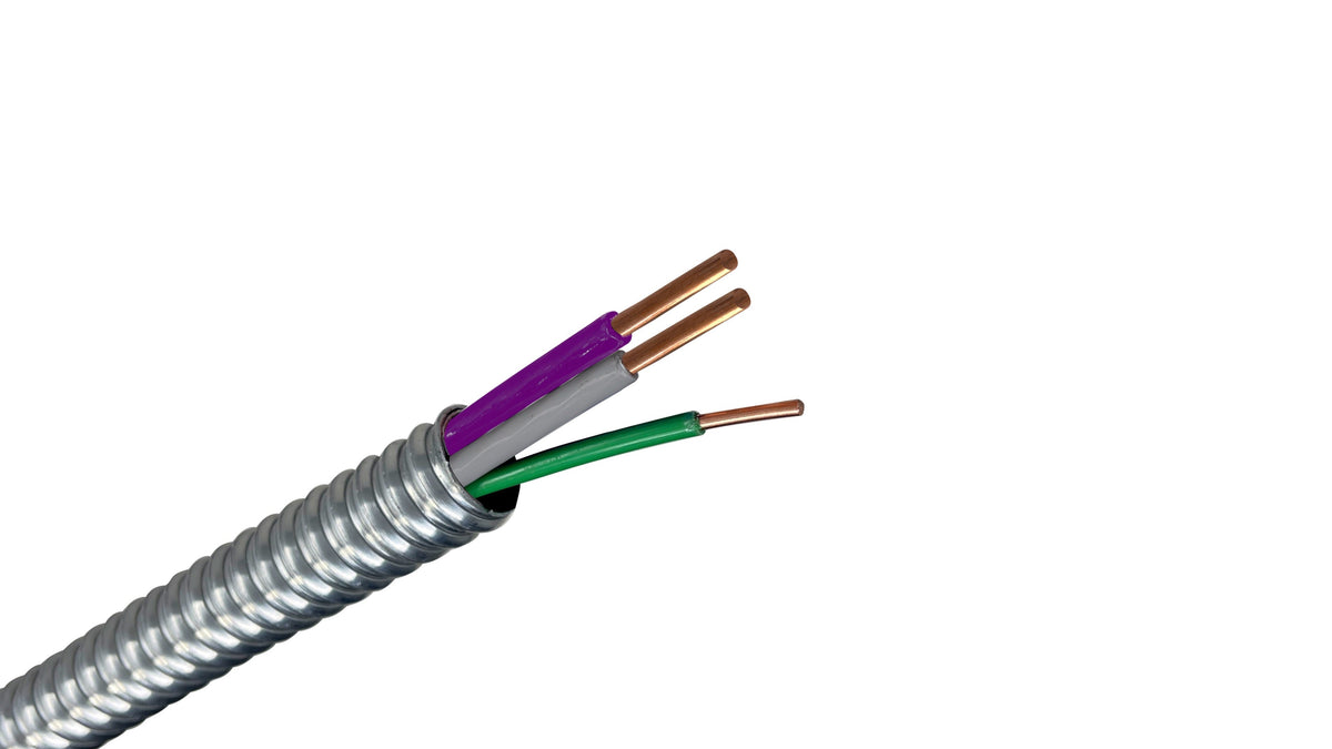 12/2 Solid Copper MC Cable with Ground (Purple, Gray), 12 AWG 2 Conductor Metal Clad Armored Lighting Control Cable.