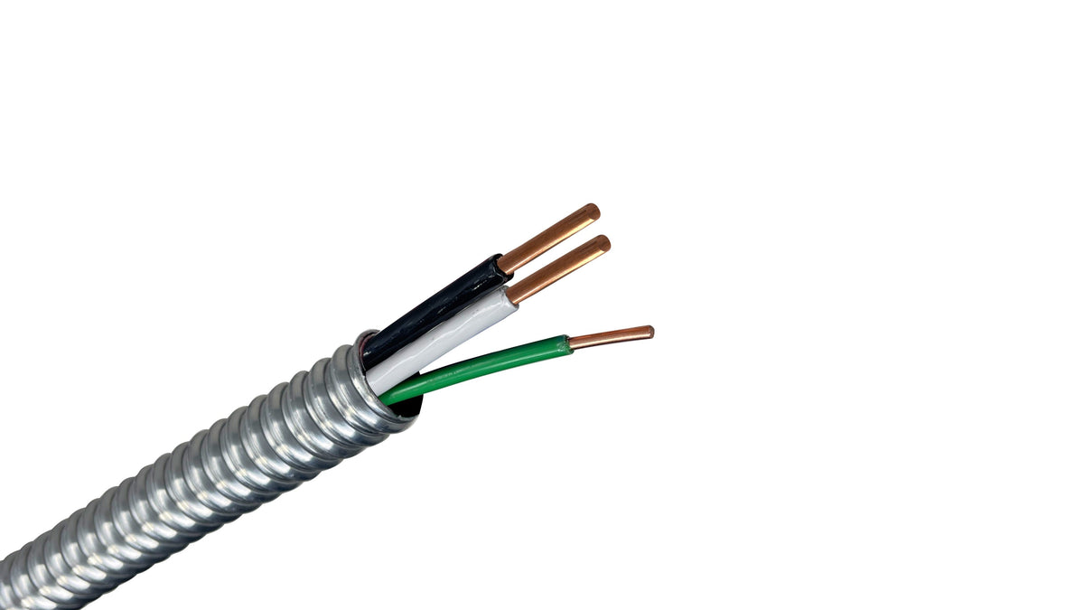 12/2 Solid Copper MC Cable with Ground, (Black, White) Metal Clad Armored Cable for Commercial Power and Circuits.