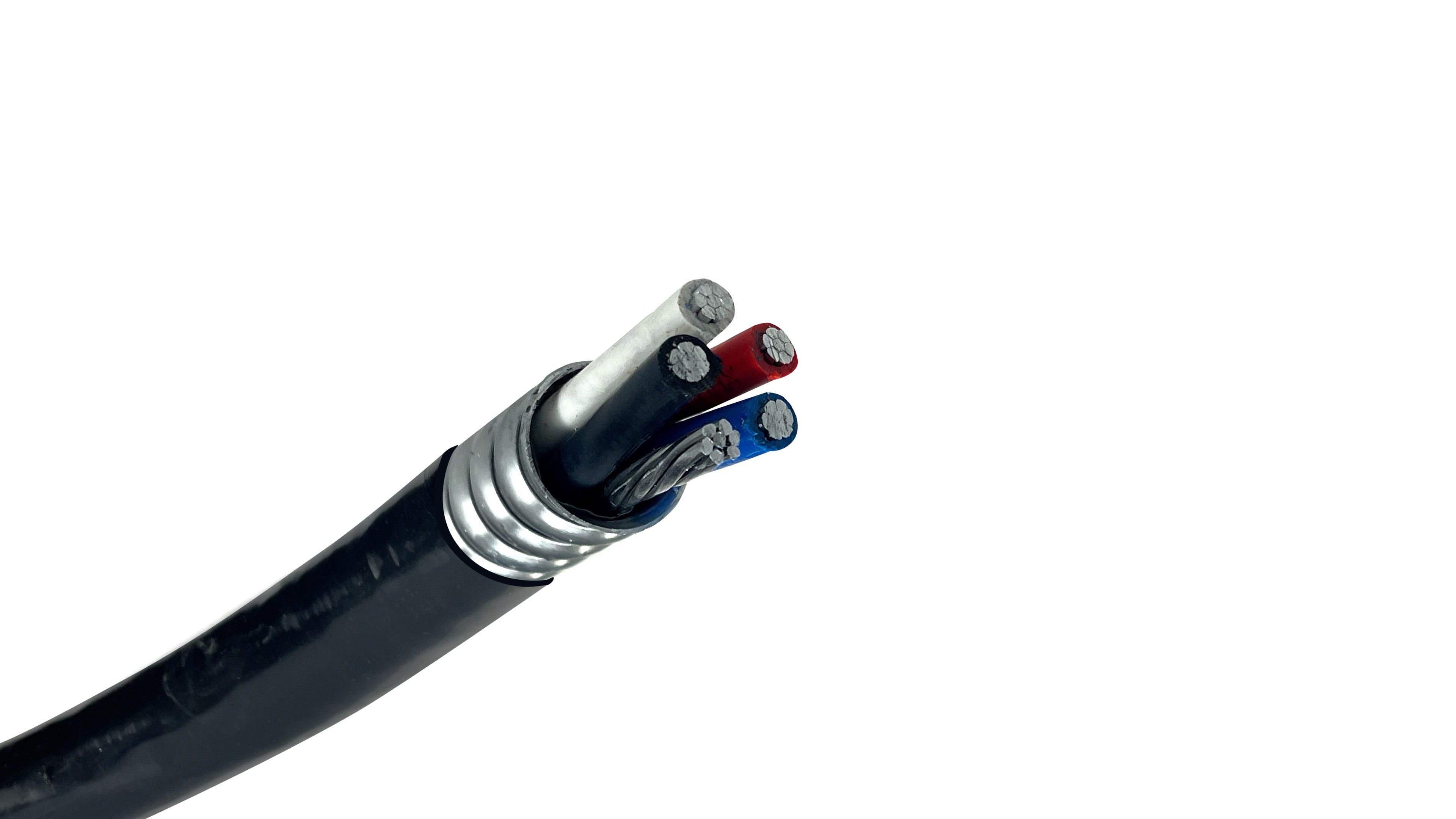 2 AWG 4C Aluminum MC Cable, 600V Feeder Wire with 6 AWG Bare Ground, Aluminum Interlock Armor Black PVC Direct Burial Jacket.