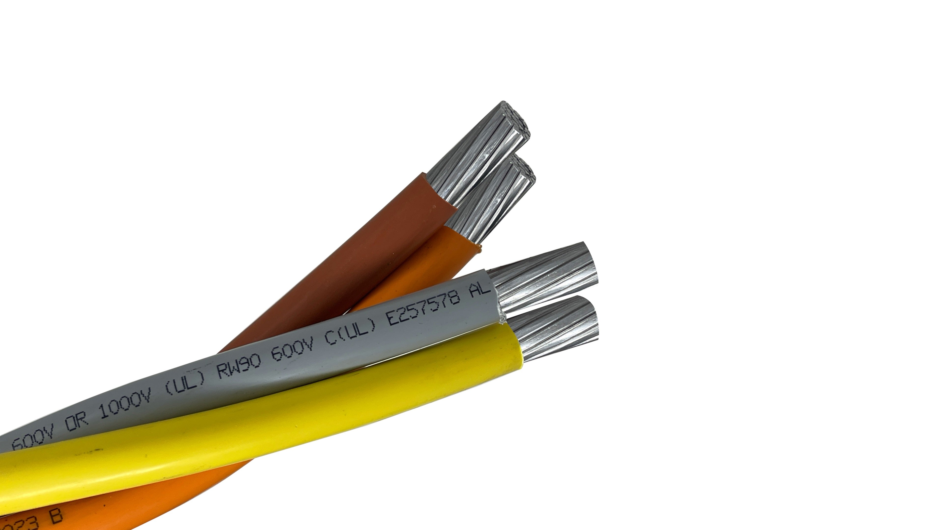 3/0 4C Priority-Plex Aluminum XHHW-2, Brown Orange Yellow Gray 480V, 175A Rated, 4-Wire Industrial Feeder, XLPE Insulation.