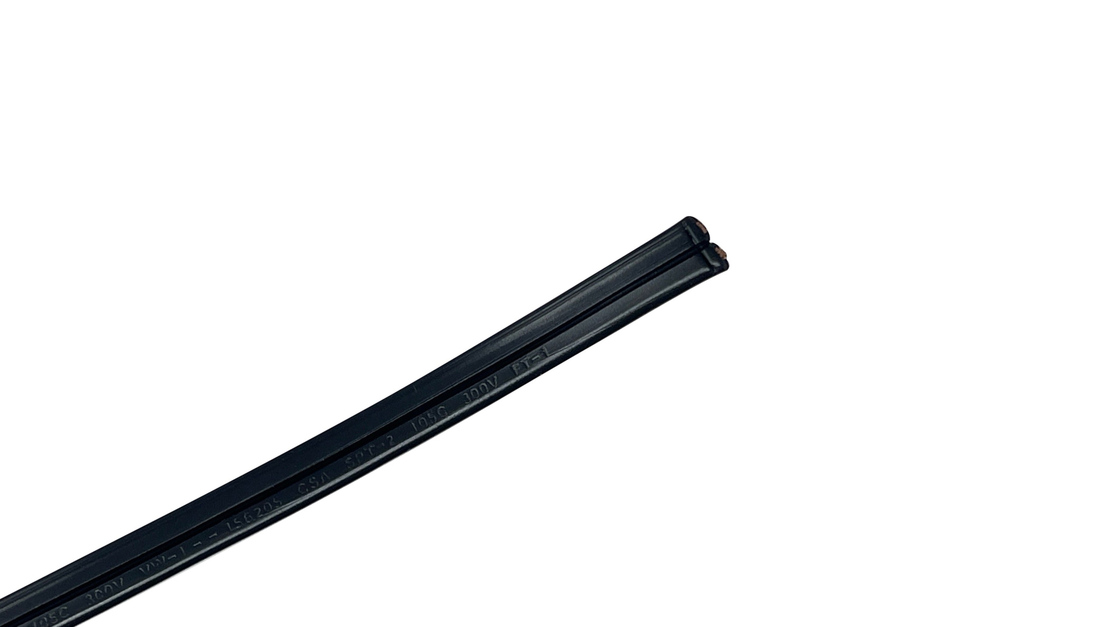 16 AWG 2 Conductor (zip cord) SPT-2 Lamp Cord, 300V, with black parallel PVC jacket.